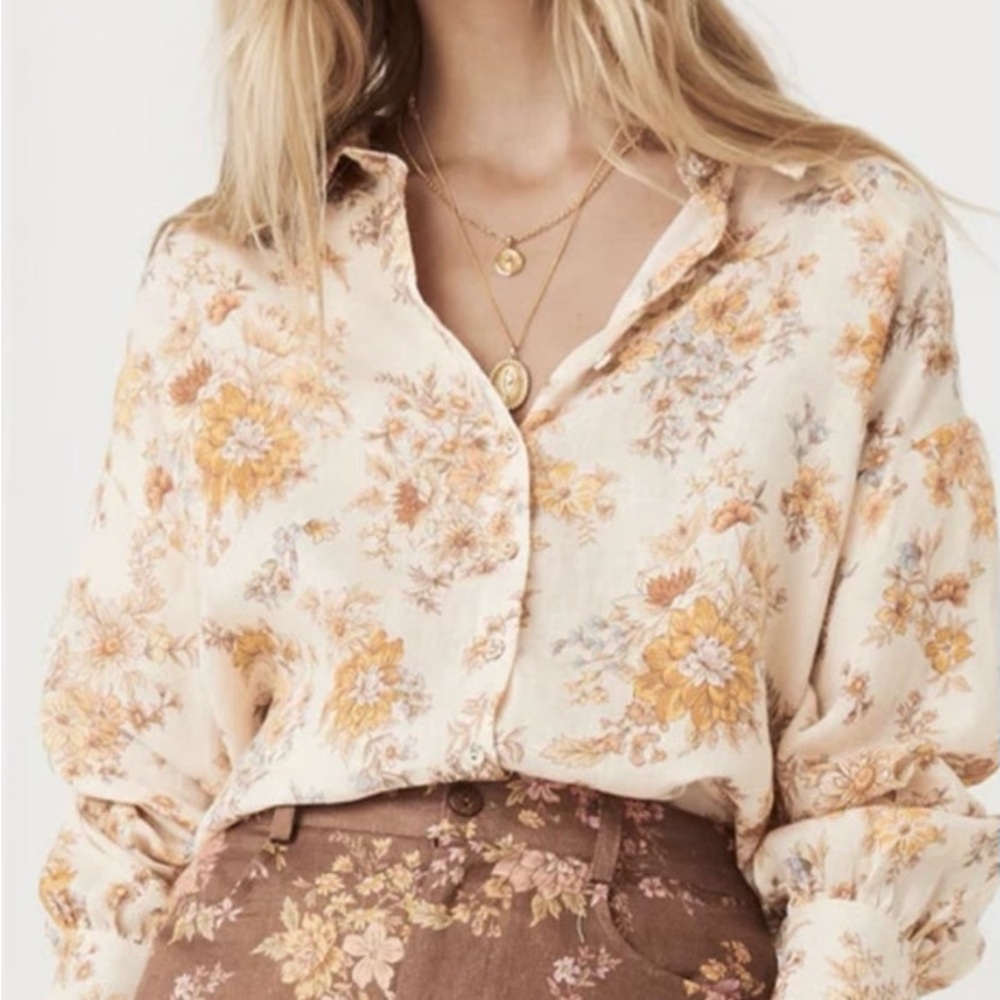 Spell Cream and Orange Floral Button Down Shirt